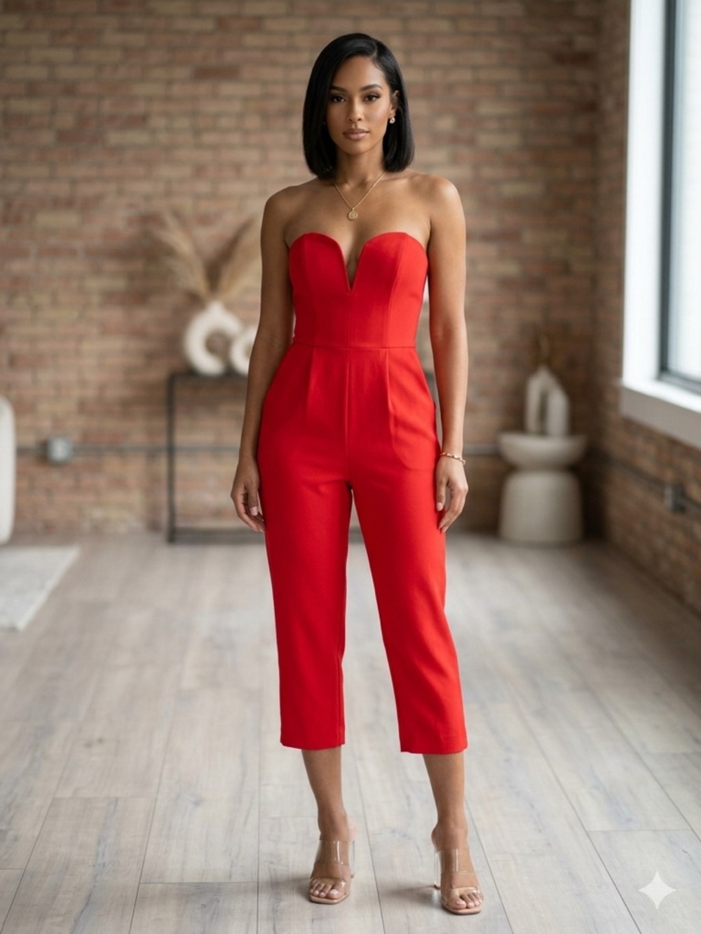 Amanda Uprichard Cherri Strapless V-Plunge Cropped Jumpsuit
